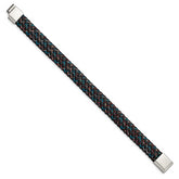 Chisel Stainless Steel Polished Braided Multi-color Wire and Black Leather 8.25 inch Bracelet
